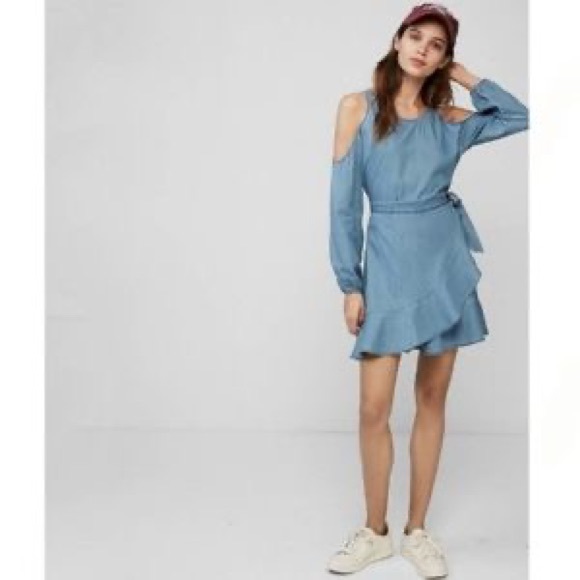 Express chambray cold shoulder wrap dress - Picture 1 of 5